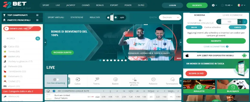 Screenshot della pagina principale di 22Bet Casino