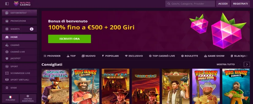 Screenshot della pagina principale di Malina Casino
