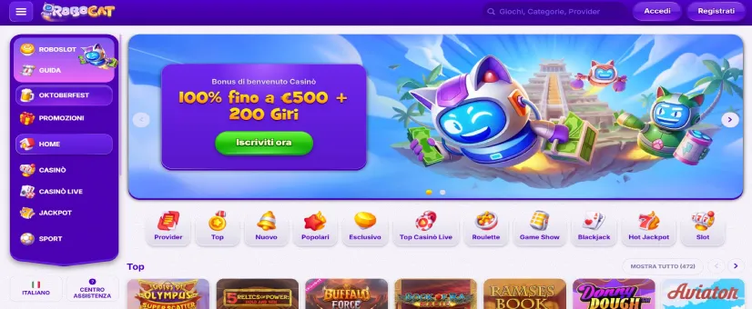 Screenshot della pagina principale di Robocat Casino