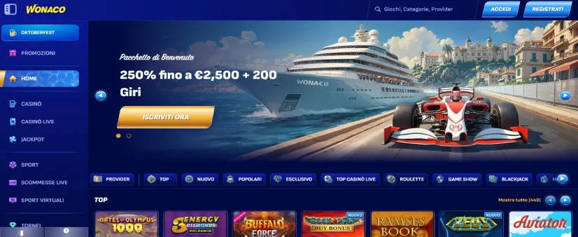 Screenshot della pagina principale di Wonaco Casino